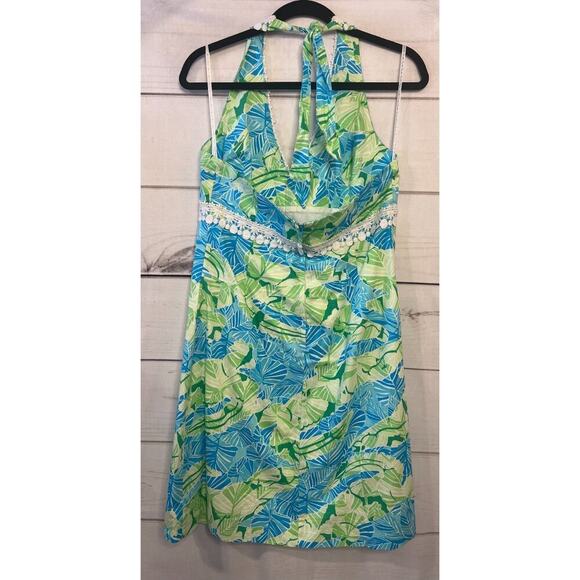 Lilly Pulitzer Size 10 Halter Dress Green Blue White Trim GUC (Stain) - Picture 2 of 7
